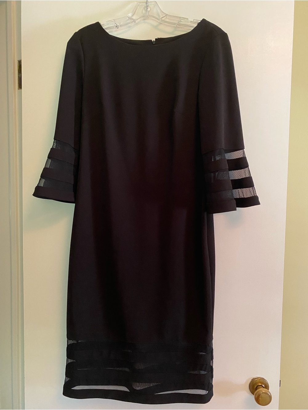 Calvin Klein Black Midi Dress with Sheer Stripe Sleeves